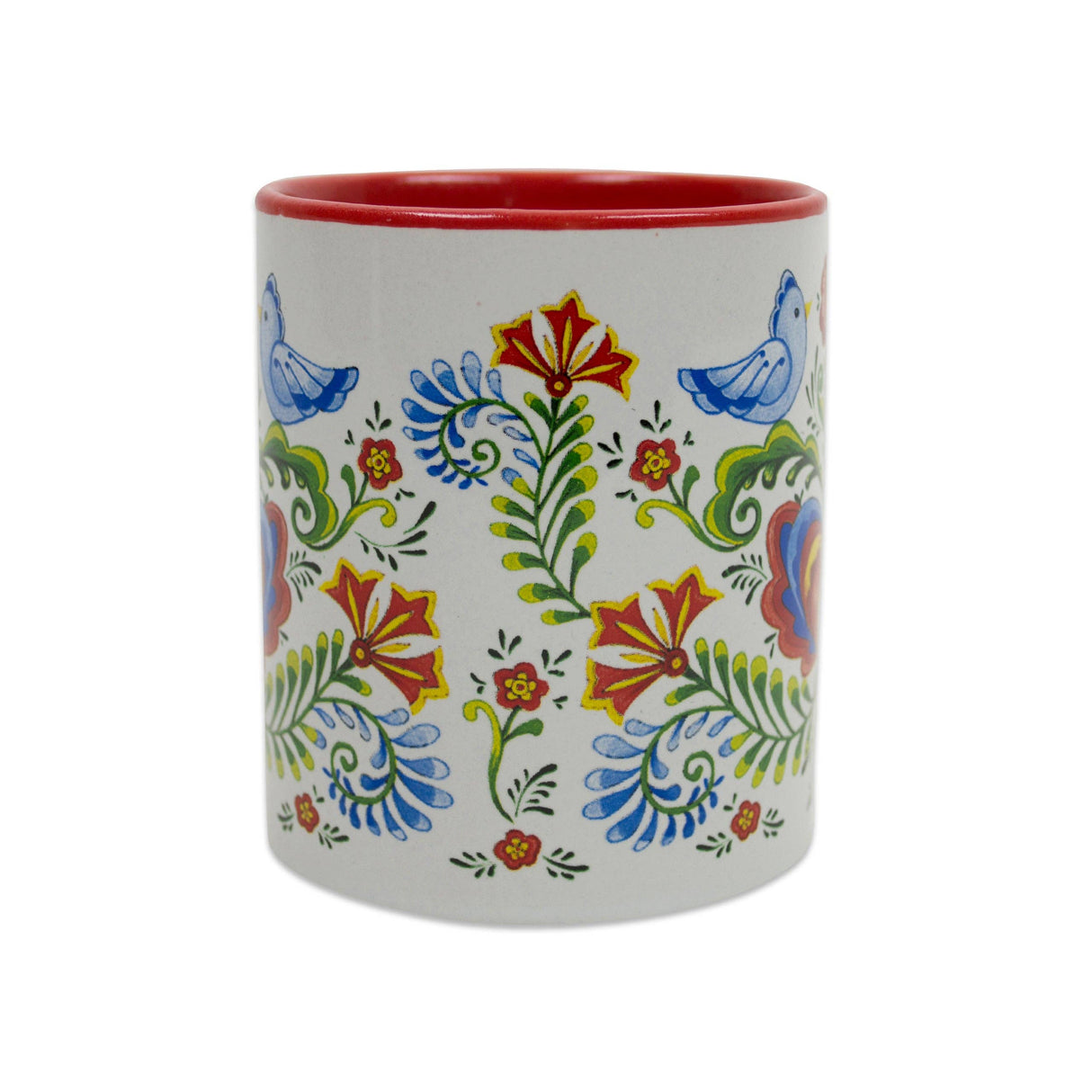 The Coffee Mug: Lovebirds Swedish Folk-Art Ceramic Coffee Mug has a 12 oz capacity, a red interior, and displays colorful blue, green, red, and yellow floral and bird patterns on its white ceramic exterior.