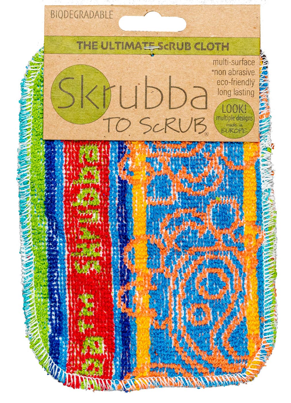 The Scrubby: Vogue Skrubba Cloth features a colorful design and a cardboard label with details of its biodegradable, eco-friendly, scratch-free, non-abrasive, multi-surface cleaning performance for safe, sustainable use.
