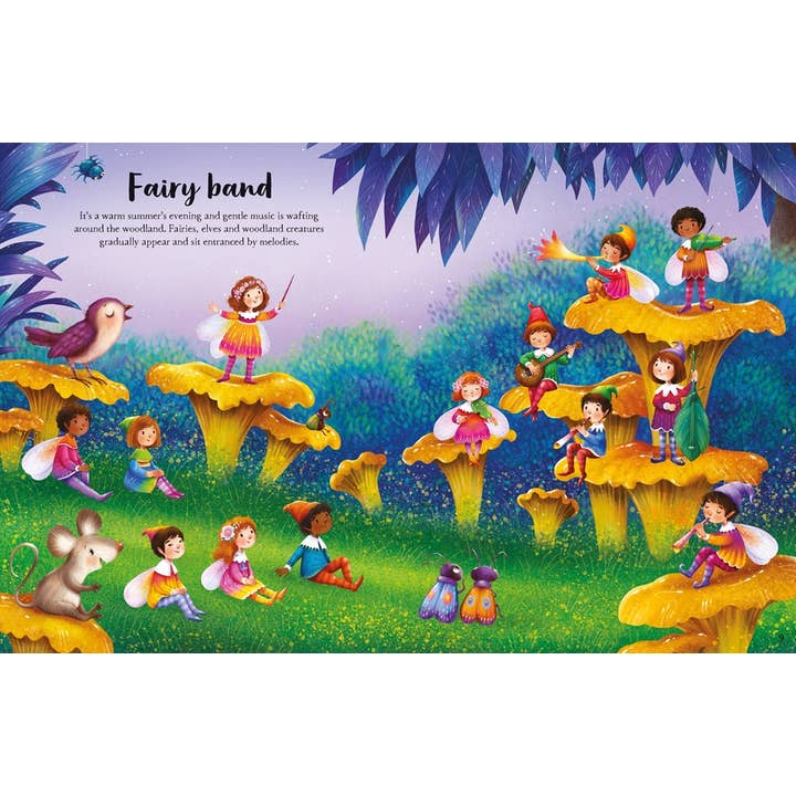 Sticker sheet showing winged fairies playing instruments and singing on yellow mushrooms, with animals nearby under purple-leaved trees in a magical forest setting.