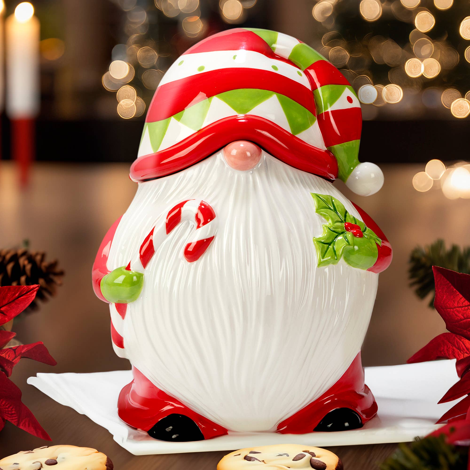 The 9.5 Gnome Holiday Magic Christmas Gnomes 3-D Cookie Jar, featuring festive colors and charming details, captures the whimsical holiday spirit of Susan Winget’s collection, perfect for storing cookies and treats.