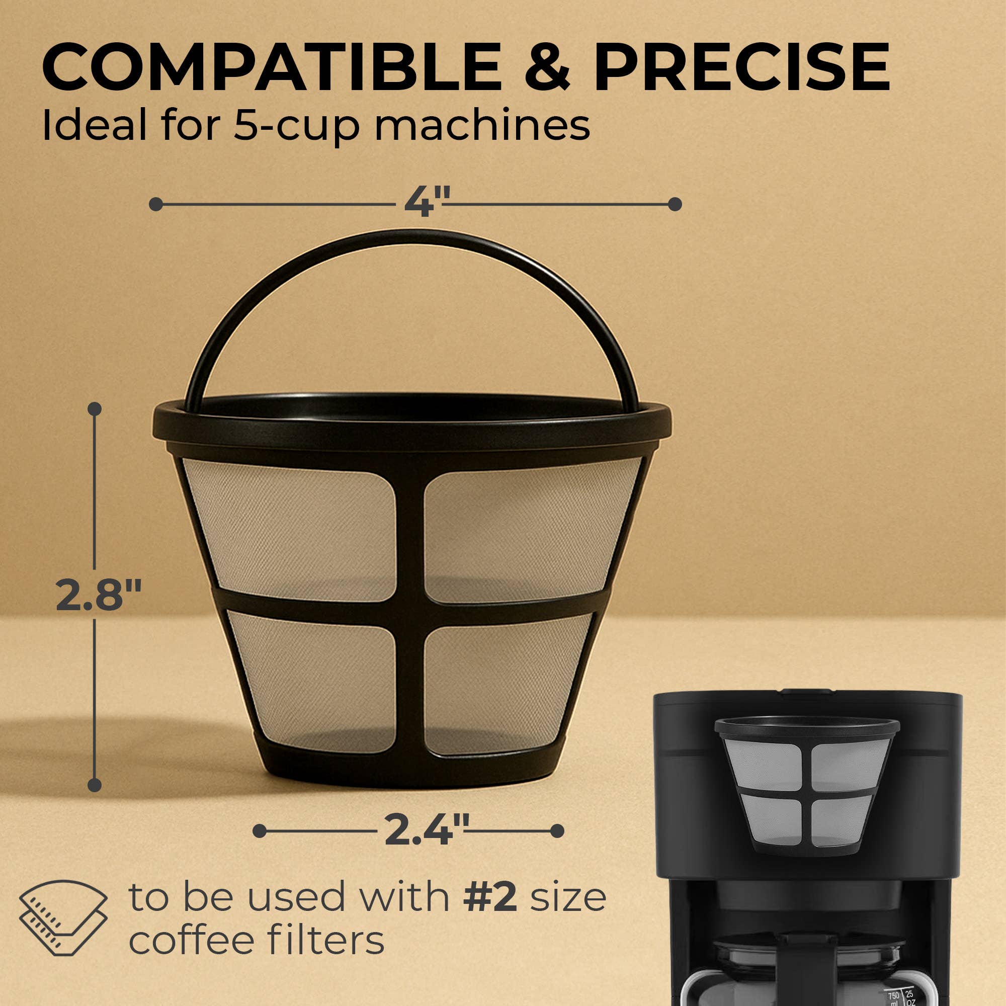 The Kaffe Universal Permanent Coffee Filter is a reusable mesh filter with handle, 2.8" tall by 2.4" wide, featuring stainless steel mesh and fitting 5-cup coffee makers using #2 filters.