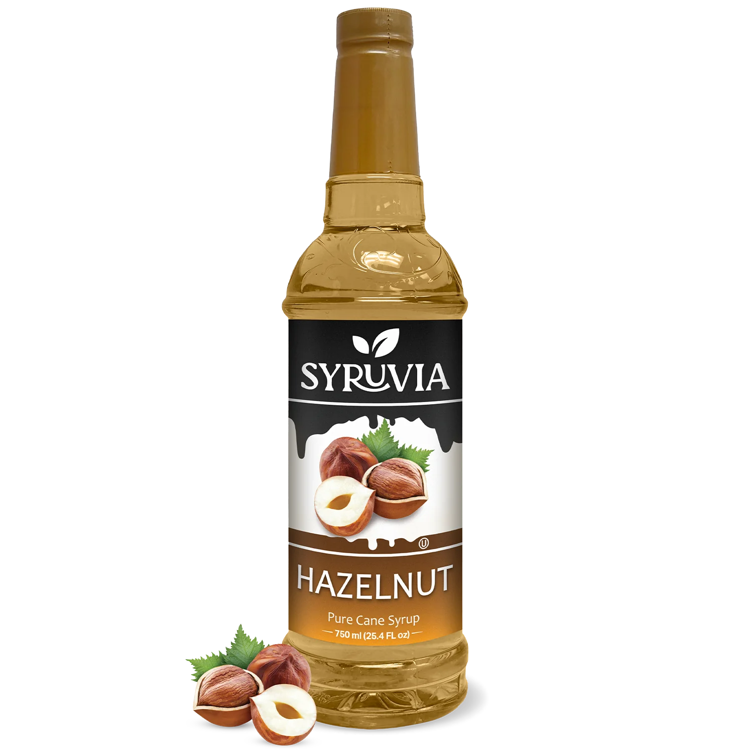 A bottle of Syruvia Hazelnut Coffee Syrup with Pure Cane Sugar, featuring hazelnut images and loose hazelnuts—perfect as a gluten-free coffee syrup.