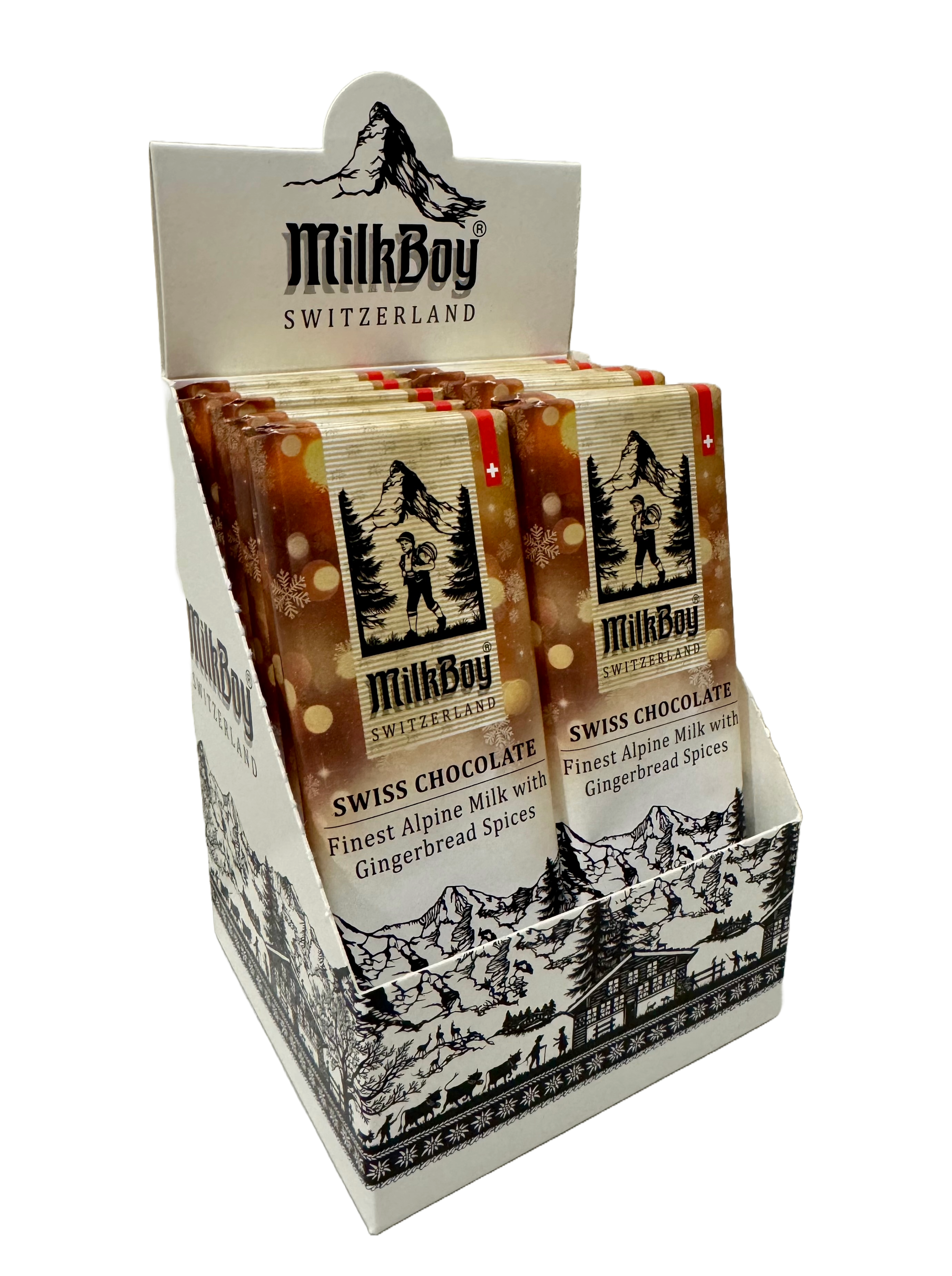 Display box of MilkBoy Gingerbread Spices Milk Chocolate Snack Size Bars 1.4oz, featuring alpine-themed packaging. Savor this limited edition Swiss milk chocolate with festive gingerbread spices.