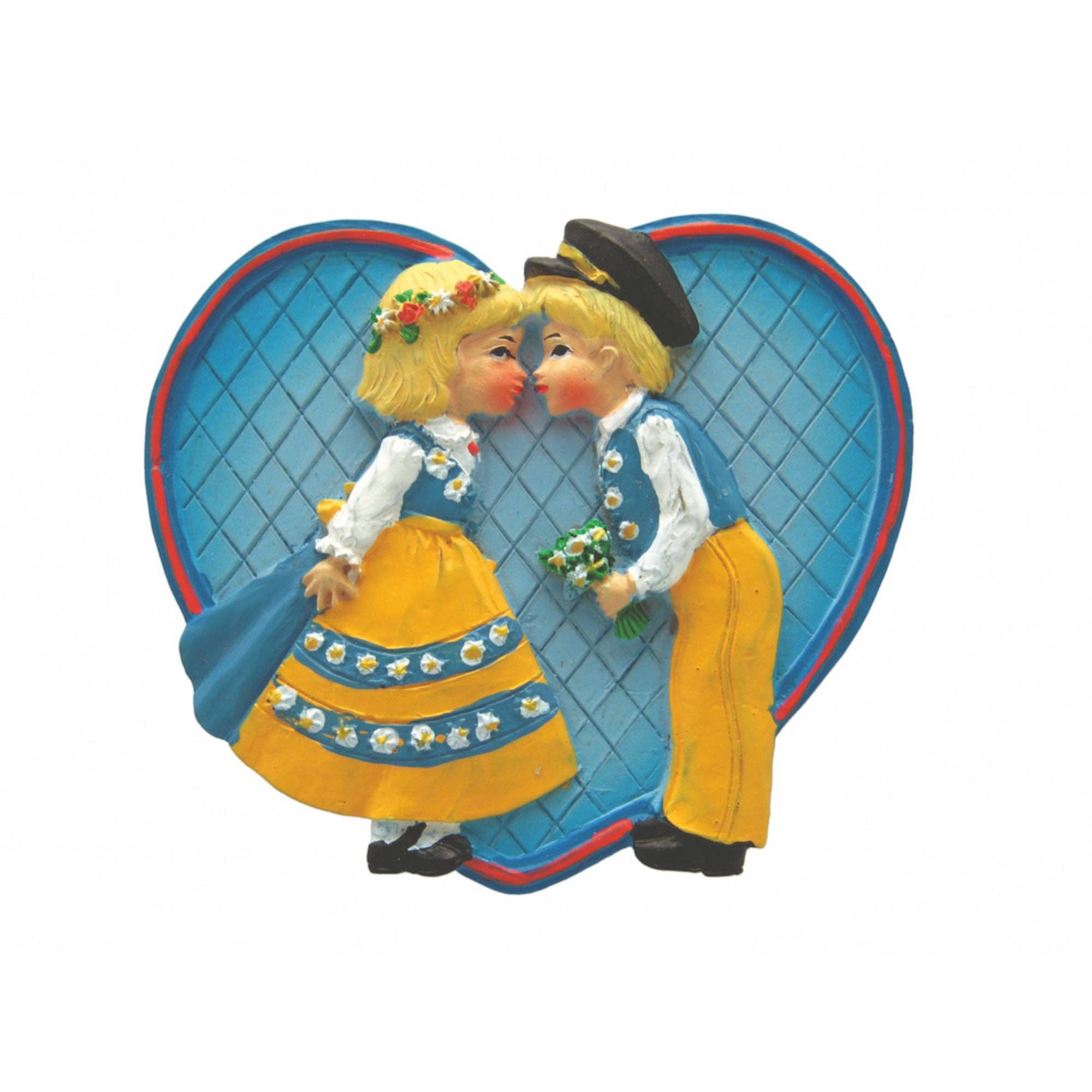 The Magnet: Swedish Kissing Couple Party Favor Kitchen Magnet features two blond figurines in folk attire, facing each other against a heart-shaped background, making it a delightful novelty gift and an adorable kitchen magnet.