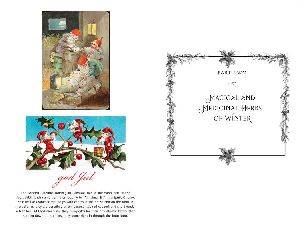 Two vintage Christmas illustrations of gnomes and holly evoke Yule traditions, plus a decorative title page from Sacred Herbs of Yule and Christmas by Ellen Evert Hopman: Part Two—Magical and Medicinal Herbs of Winter.