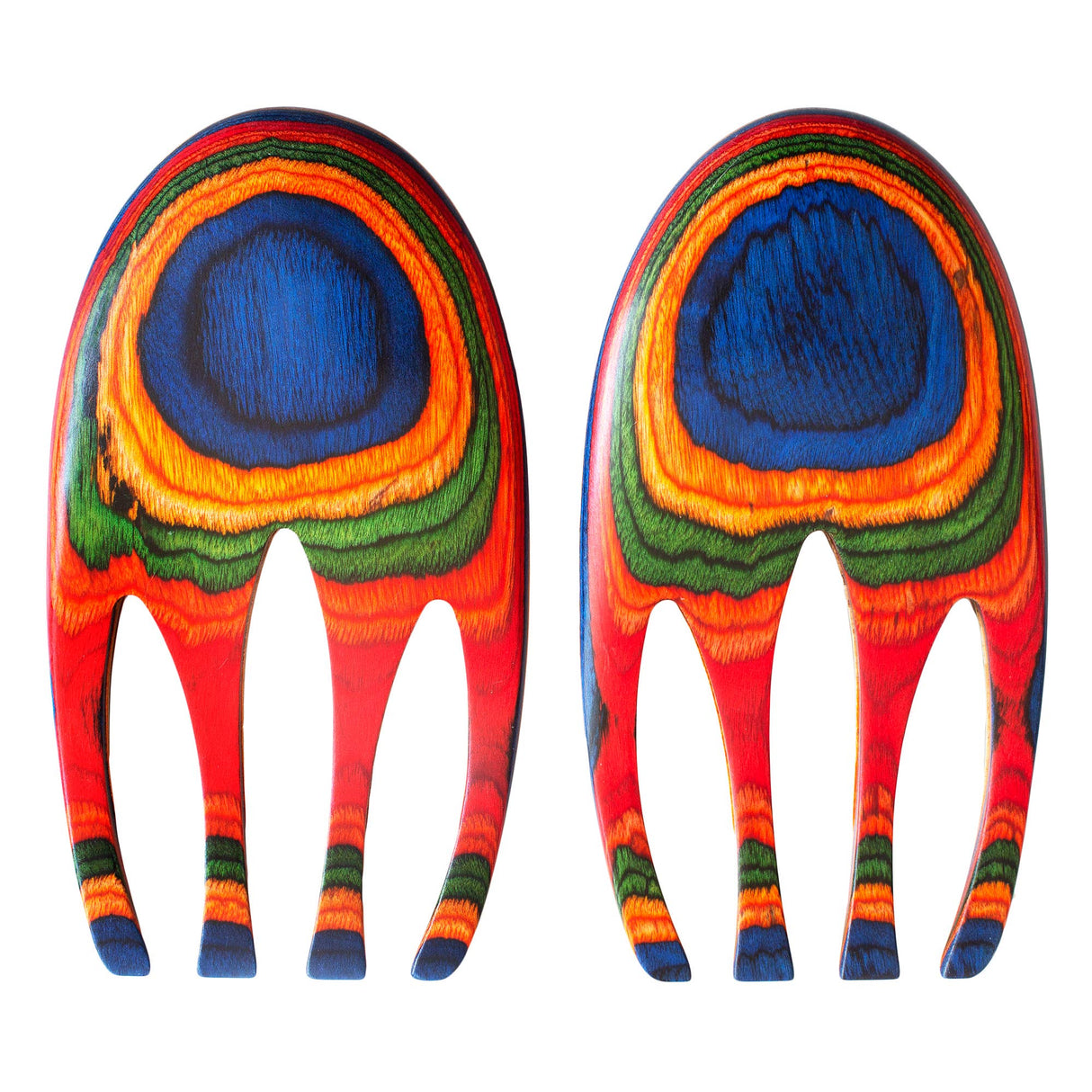 A pair of Colorful Birch Salad Hands featuring layered multicolored patterns—red, orange, yellow, green, blue, and black—resembling playful wooden hair combs with three wide prongs each.