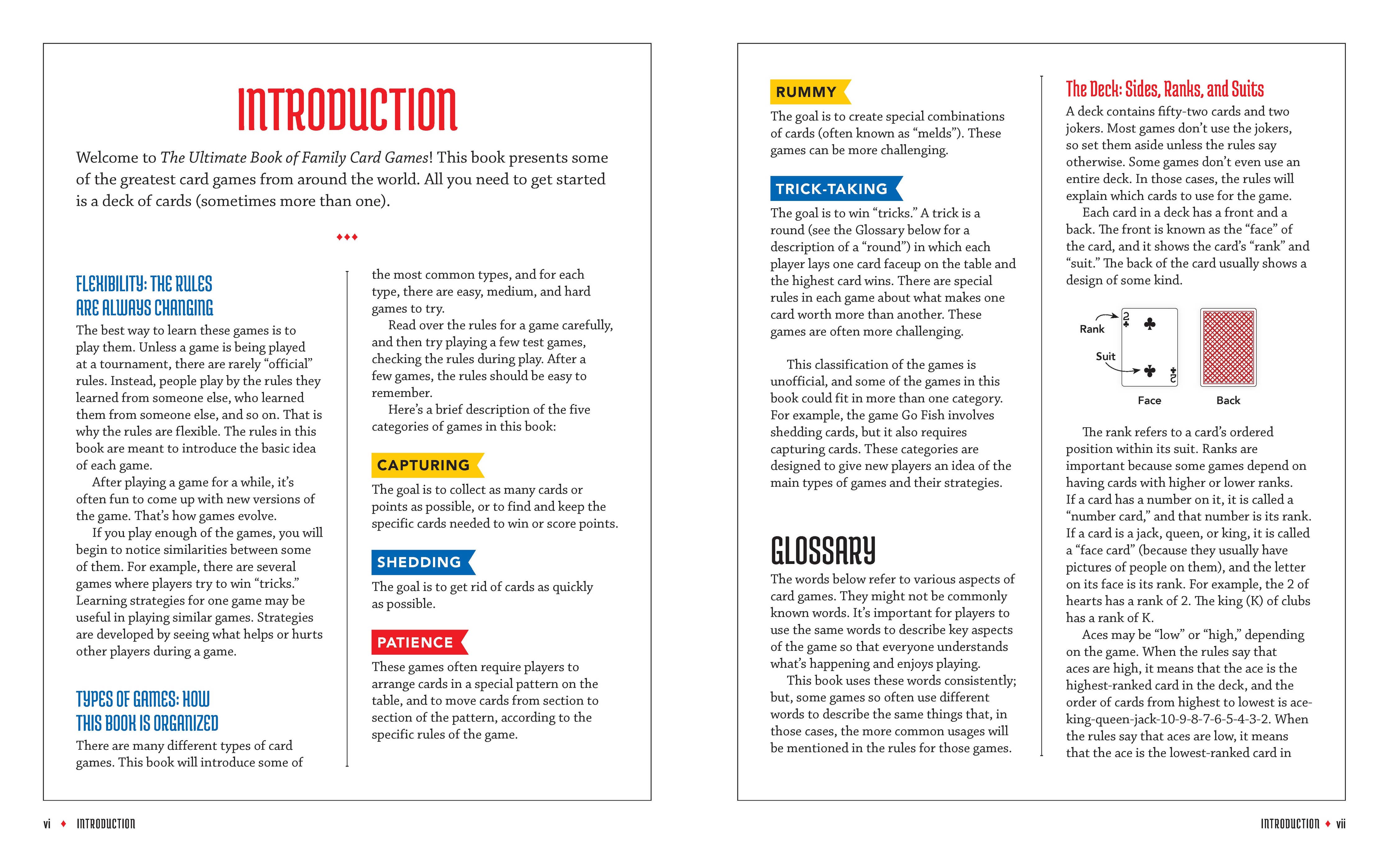 The Ultimate Book of Family Card Games: Over 50 Games! explains key concepts like capturing and patience, features a glossary, a box with card ranks and suits, and organizes text in columns with headers for easy reference.