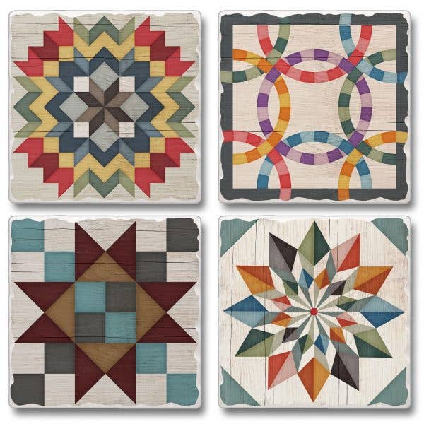 This set includes four 4" square Barn Quilt Signs stone coasters with cork backing, each featuring a unique colorful geometric quilt pattern on a distressed white background to enhance your Scandinavian decor.