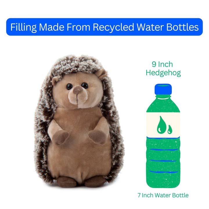 An 8-inch Plush: Hedgehog Wild Onez Stuffed Animal from Faire - The Petting Zoo is shown beside a 7-inch water bottle for size comparison. The text highlights that the filling is made from recycled water bottles. This charming hedgehog plush is an ideal addition to any stuffed animal collection for kids.