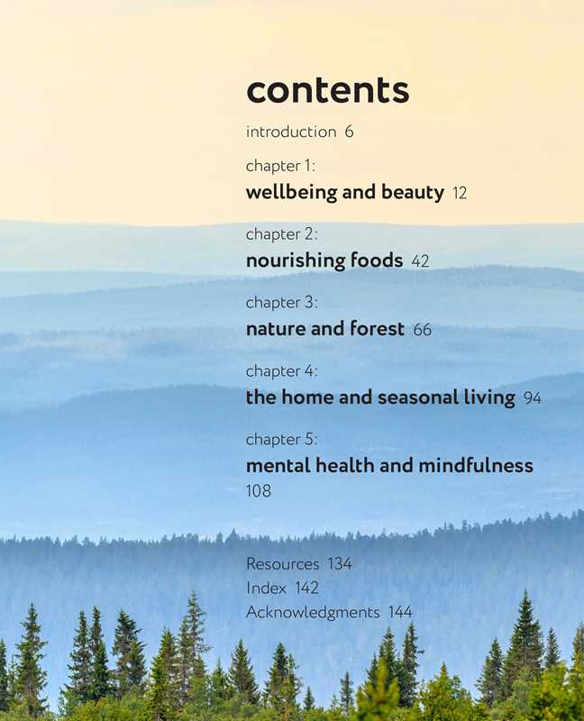 The Book of Nordic Self-Care by Elisabeth Carlsson features a contents page displaying chapter titles and page numbers over a scenic forest and mountain background, emphasizing wellness practices. Hardcover; 144 pages; English.