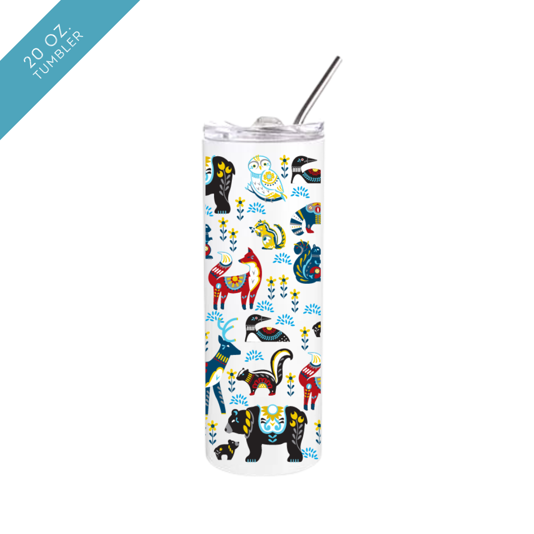 30 oz straight insulated tumbler featuring Cindy Lindgrens colorful Dala Animals artwork with floral patterns on a bright white background. Includes metal straw.
