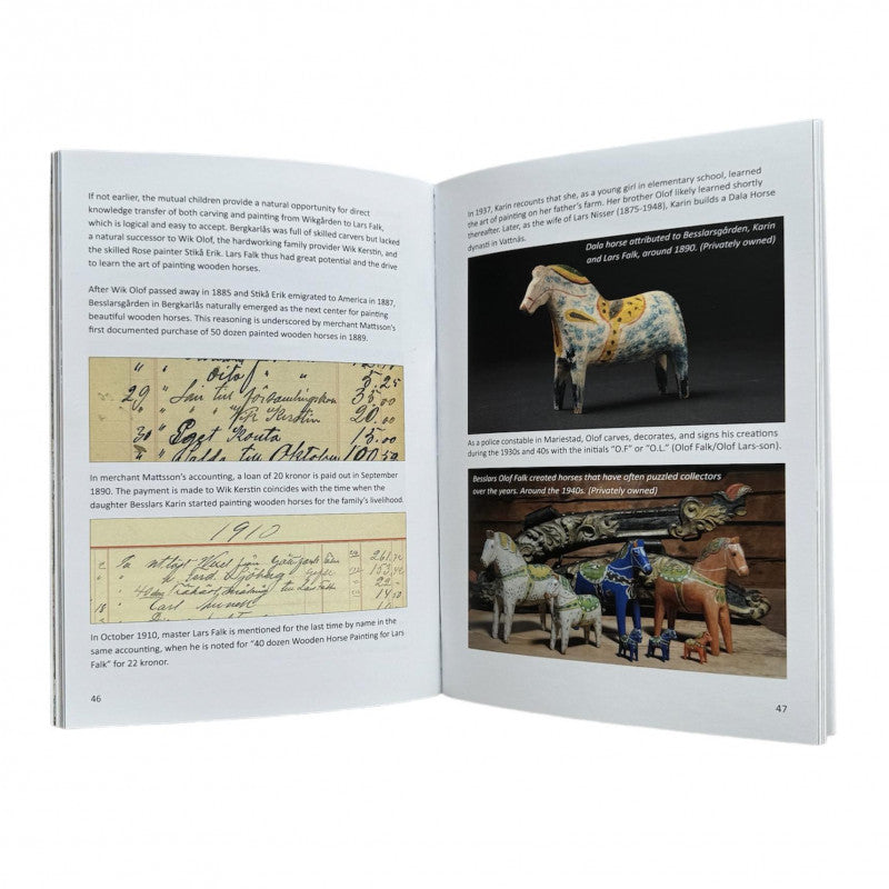 The book Cradle of the Dalecarlian Horse by Staffan Haegermark showcases text and images of wooden carved horses, including Dalahorses, complete with descriptions, handwritten notes, and photographs—a collectors dream.