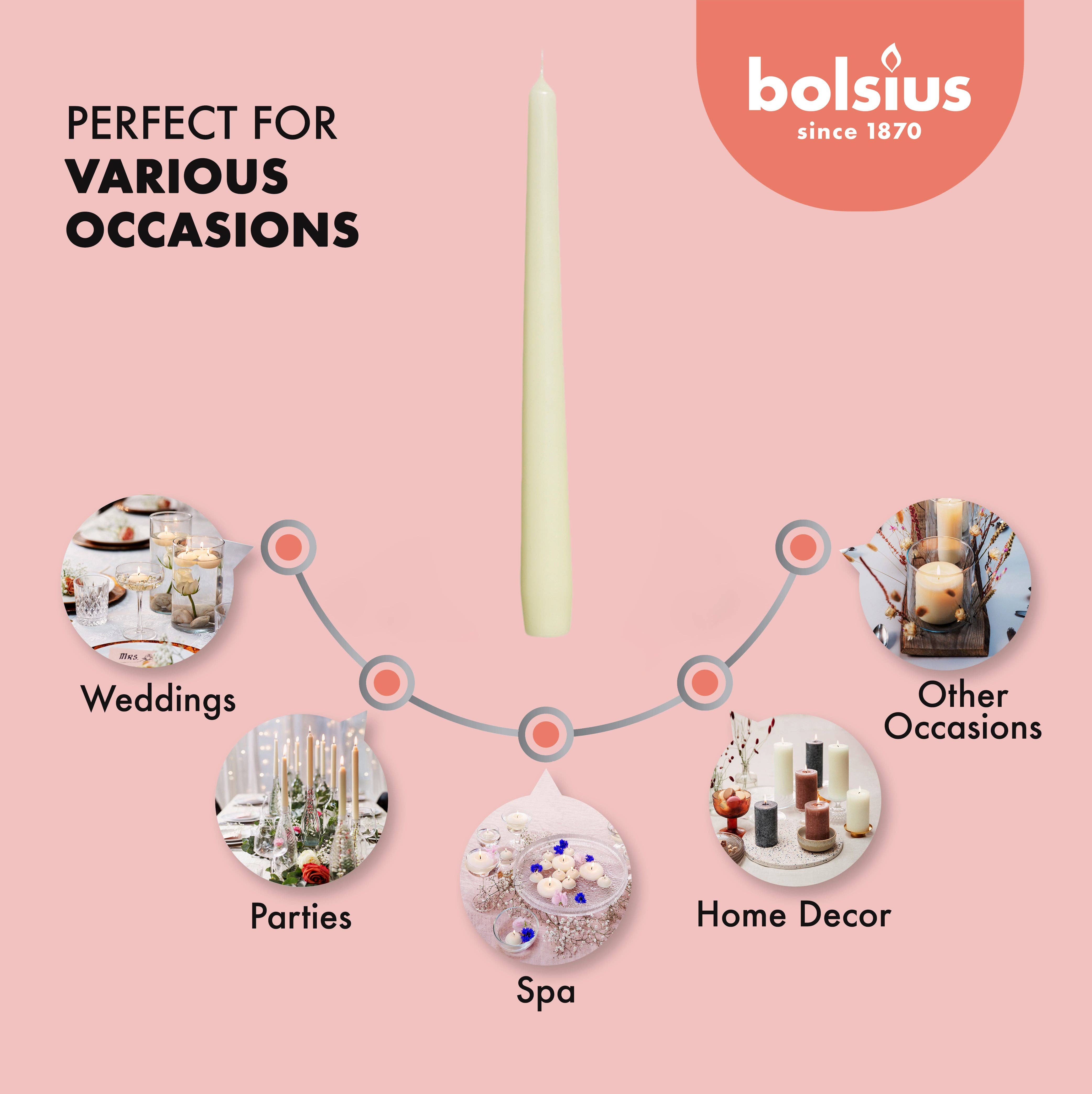 The Candles: Tall 10 Inch Taper Candles 4 Pack - Unscented Taper Candles is displayed with images of its use for weddings, parties, spas, and home decor on a pink background featuring the Bolsius since 1870 logo.