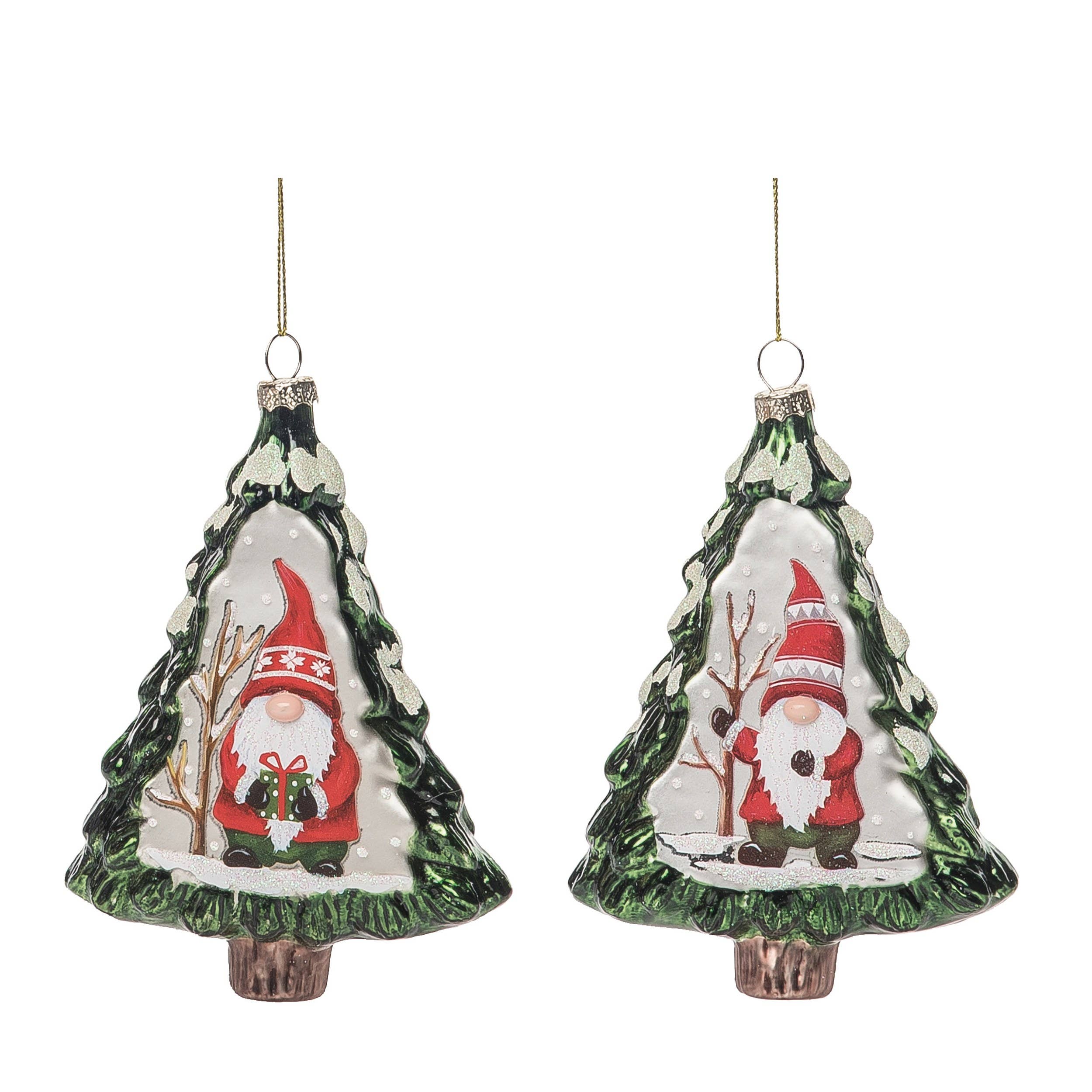 The 5.75 Glass Christmas Painted Gnome on Tree ornament features charming gnomes in red hats holding festive items, set against snowy backdrops and hanging by gold strings—an ideal addition to your holiday decor.