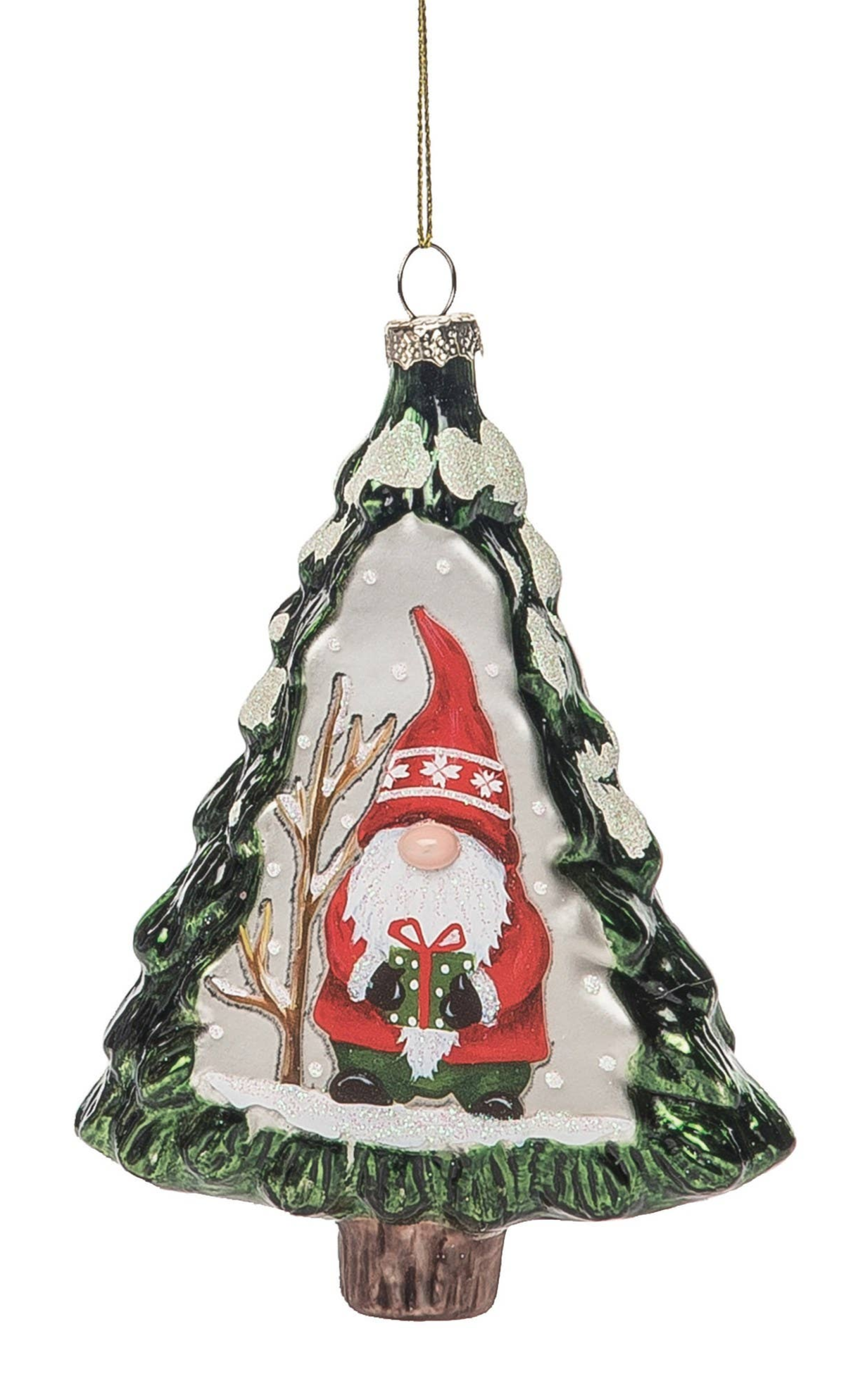 Add festive charm with the Ornament: Painted Glass Christmas Tree Ornament – Gnome Design (5.75), featuring a gnome in a red hat holding a present, snow accents, and inspired by Scandinavian folklore. Hangs by a gold string.