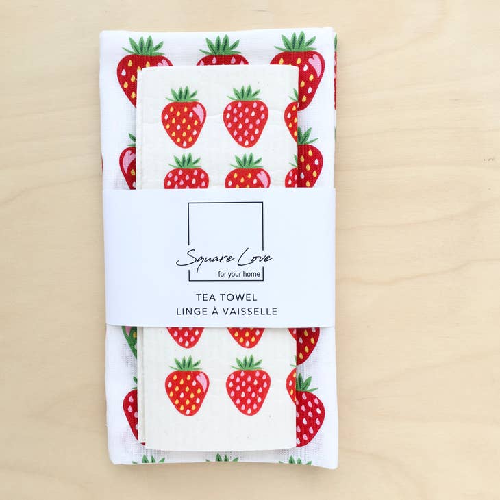 Gift Duo: Strawberries 1 Tea Towel + 1 Dish Cloth