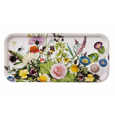 The Tray: A Flower Garden Birch Veneer Tray 32x15 cm by Jim Lyngvild Koustrupco, featuring a vibrant floral design, adds a lively touch to any setting. Made from Nordic FSC-certified birch veneer, it displays an array of colorful flowers and lush green leaves.