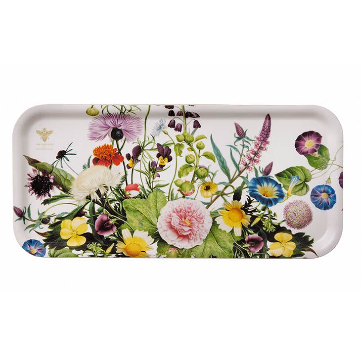 The Tray: A Flower Garden Birch Veneer Tray 32x15 cm by Jim Lyngvild Koustrupco, featuring a vibrant floral design, adds a lively touch to any setting. Made from Nordic FSC-certified birch veneer, it displays an array of colorful flowers and lush green leaves.