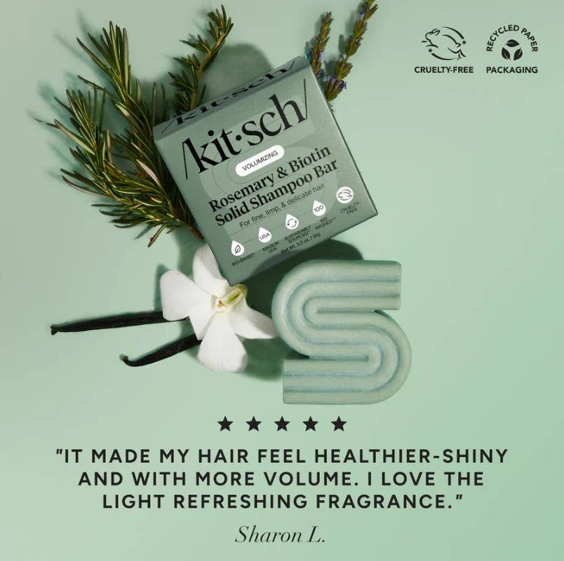 The Kitsch Hair: Rosemary & Biotin Volumizing Shampoo & Conditioner Bar Combo (2 x 2.7oz) gets rave reviews for boosting shine, volume, and fragrance—all in a sulfate free formula with a matching botanical-inspired design.