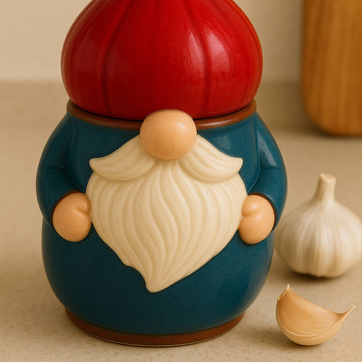 Ceramic gnome garlic keeper with a red hat and white beard next to a whole garlic bulb and a single clove on a light-colored kitchen countertop.