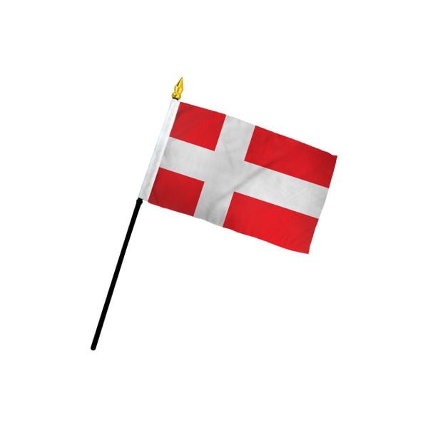 The Flag: Denmark/Danish Stick Flag – 4x6 Inch Handheld Flag features a red background with a white Scandinavian cross on a black pole, ideal for celebrations and events.