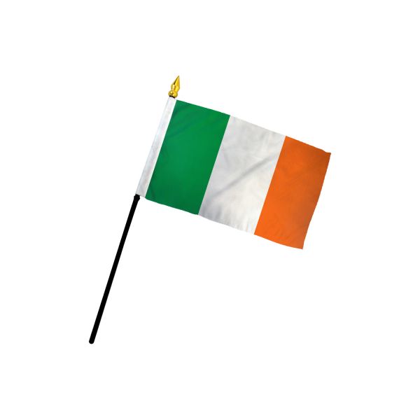 The Flag: Ireland/Irish Stick Flag is a 4x6 inch handheld flag with vertical green, white, and orange stripes on a black pole, representing Irelands national flag.