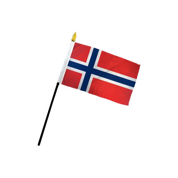The Flag: Norway/Norwegian Stick Flag – 4x6 Inch Handheld Flag features a blue cross outlined in white on red, with a gold-tipped stick—perfect for celebrations or display.