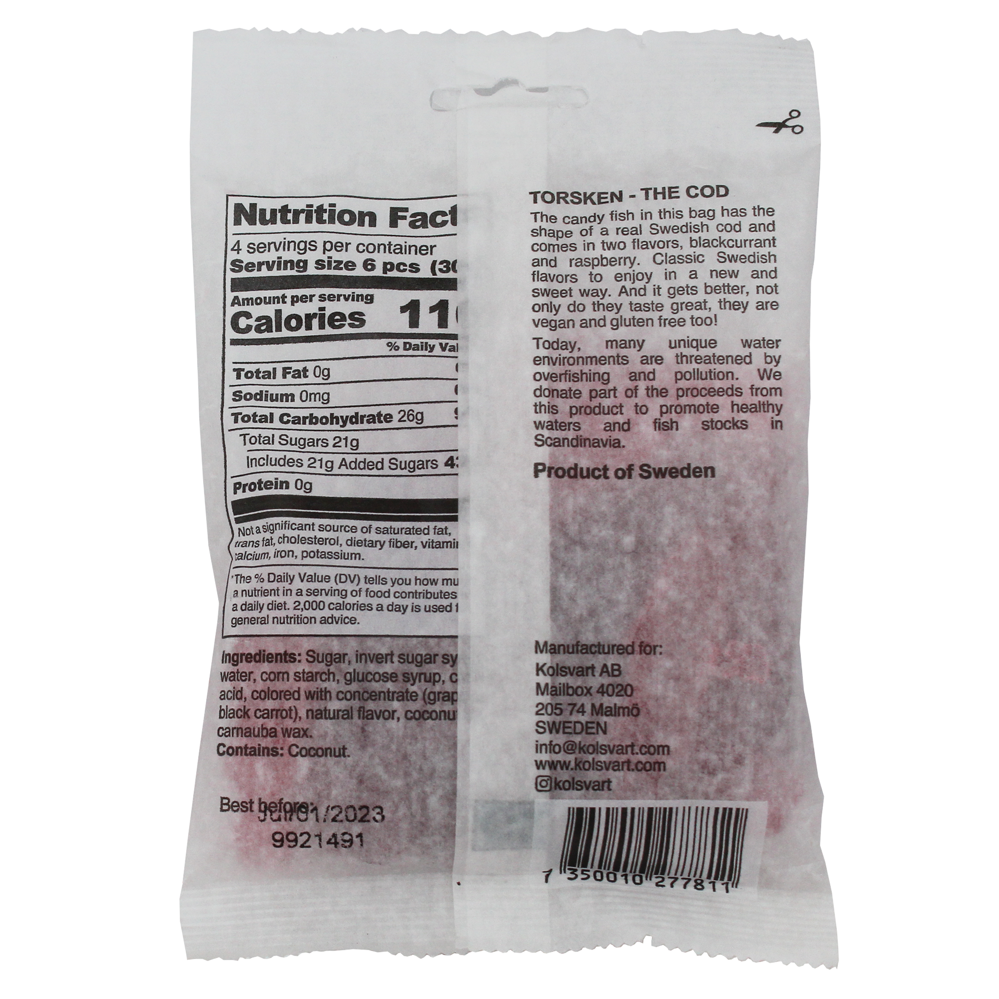 The back of a Kolsvart Blackcurrant & Raspberry Fish 4.2 oz bag describes these Swedish vegan candies, shaped like fish, flavored with blackcurrant and raspberry, and crafted with hints of salt and sugar. Best before: January 1, 2023.