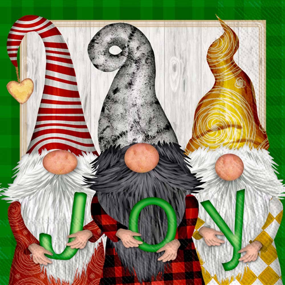 Three gnomes with large hats and beards hold letters spelling JOY on these Napkins: Gnome Joy Christmas – Paper Lunch Napkins (20ct), the perfect festive tableware for your holiday gatherings.
