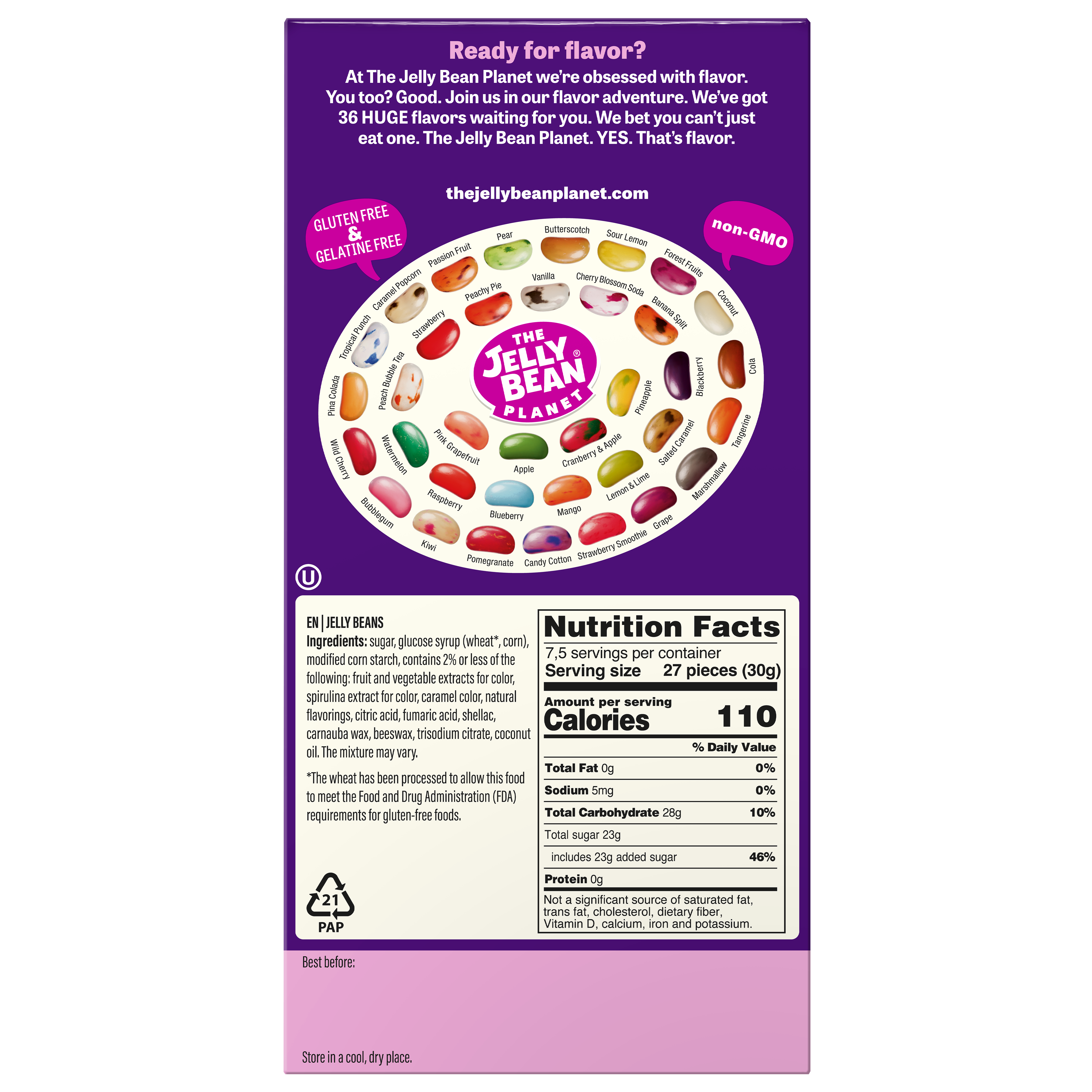 Explore Candy: The Jelly Bean Planet 36 Flavors 8 oz Box featuring 36 delightful jellybean flavors. Enjoy a unique taste adventure with each bean, complete with nutrition facts and ingredients on an elegant purple and white background.