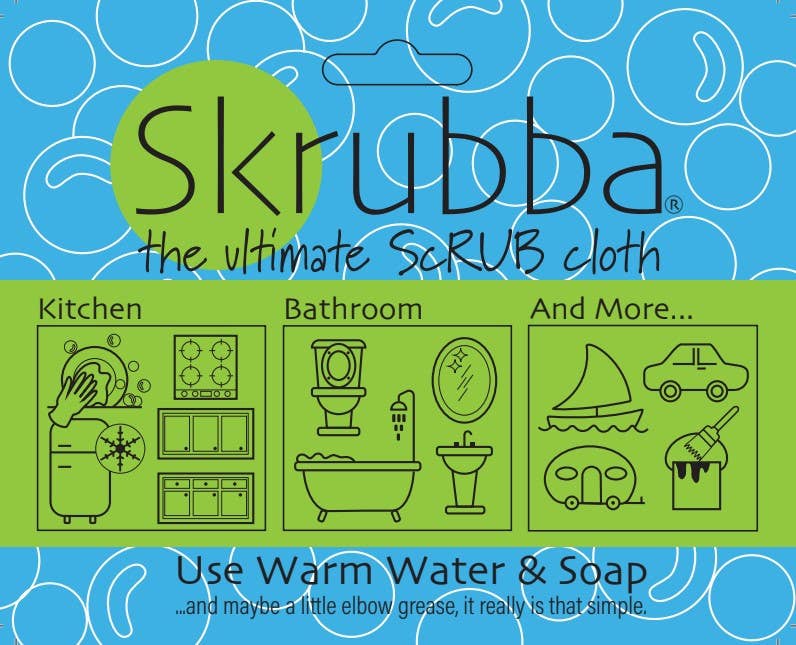Packaging for Scrubby: Vogue Skrubba Cloth—a scratch-free scrubber for kitchen, bathroom, cars, boats, and painting tools. For eco-friendly cleaning, use with warm water and soap.