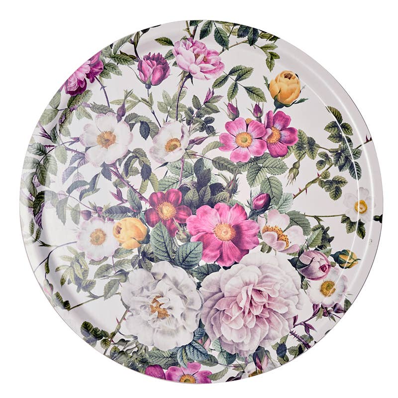 The Rose Flower Garden Round Serving Tray (14.9) by Koustrupco of Denmark features pink, white, and yellow blooms with green leaves on white—capturing Nordic charm and perfect for serving or displaying treats.