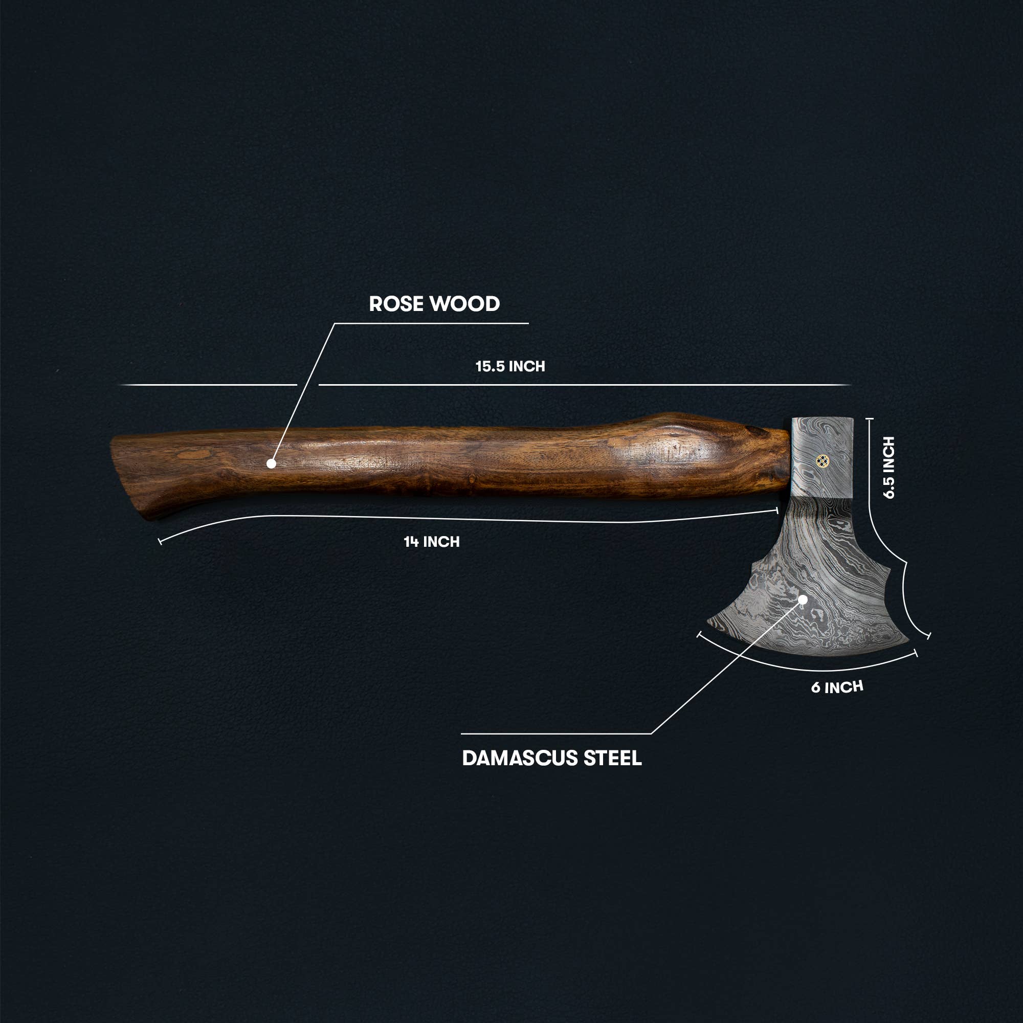 The Axe: Damascus Steel All Around Camping Knife, featuring a 15.5-inch rosewood handle and a 6-inch high-carbon steel blade, is shown with labeled measurements on a black background.