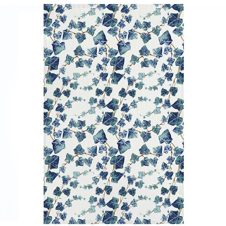 Explore The Secret Garden series featuring Koustrup & Cos Ivy Organic Tea Towel, with a delicate pattern of green and blue ivy leaves on a light background.