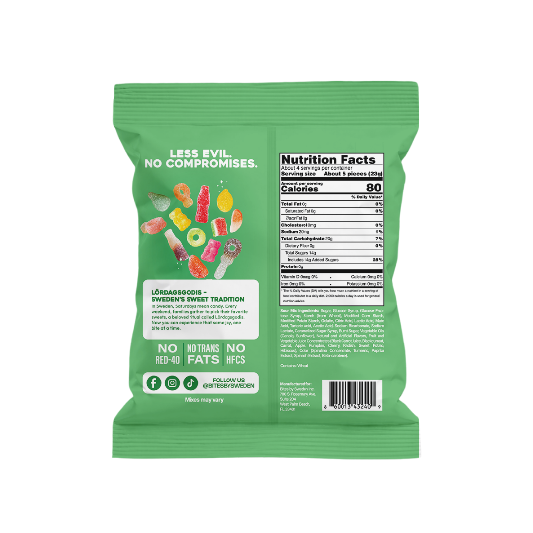 Back of a green bag showing colorful Swedish gummies, nutrition facts panel, and ingredient highlights stating no trans fats, HFCS, or red 40.