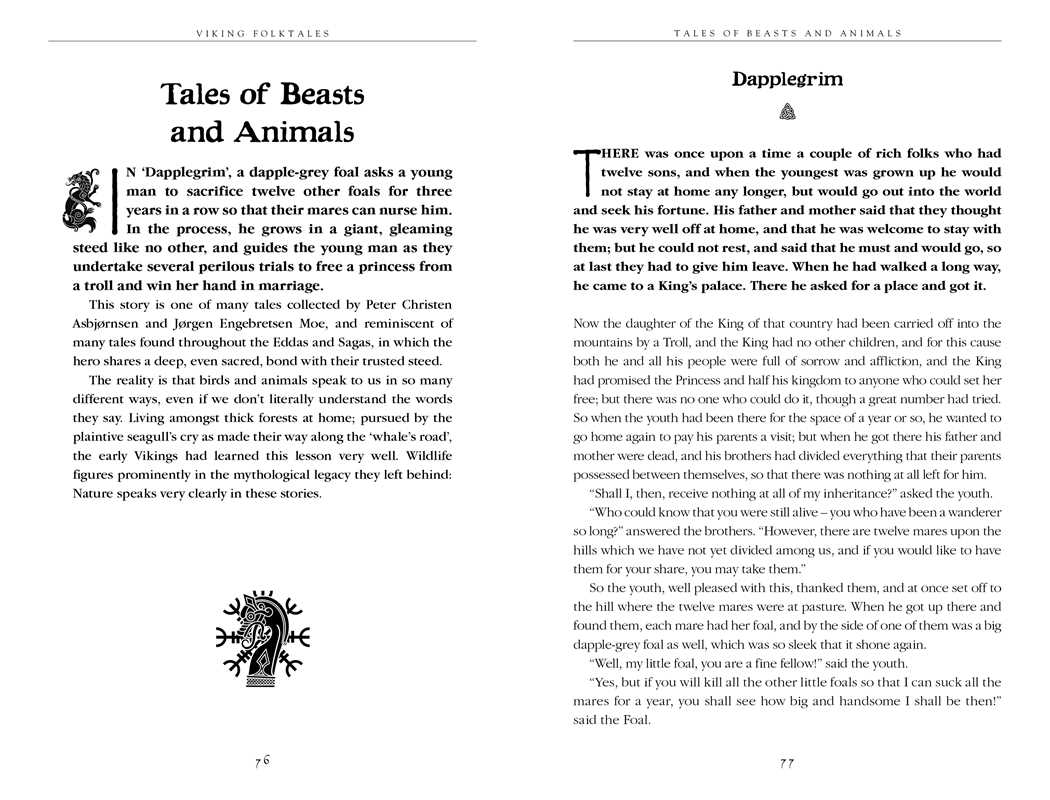 Two pages from the Book: Viking and Nordic Folktales display "Tales of Beasts and Animals" and "Dapplegrim," featuring classic Scandinavian storytelling, serif text, and decorative initials beginning each tale.