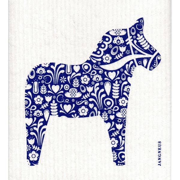 A blue silhouetted Dala horse adorned with floral and heart patterns on a white background evokes the charming designs typical of Swedish Dish Cloths made from renewable materials.