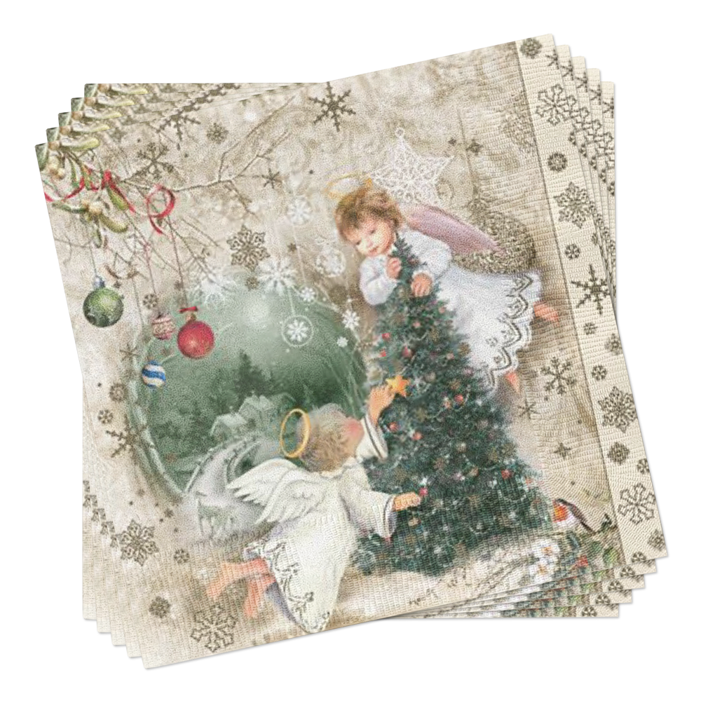 Two angels trim a Christmas tree with ornaments and a star on a snowy, festive background—perfect for bringing holiday charm to your table with Napkins: Vintage Angels Lunch Napkins - Christmas Paper Napkins 20 pkg.