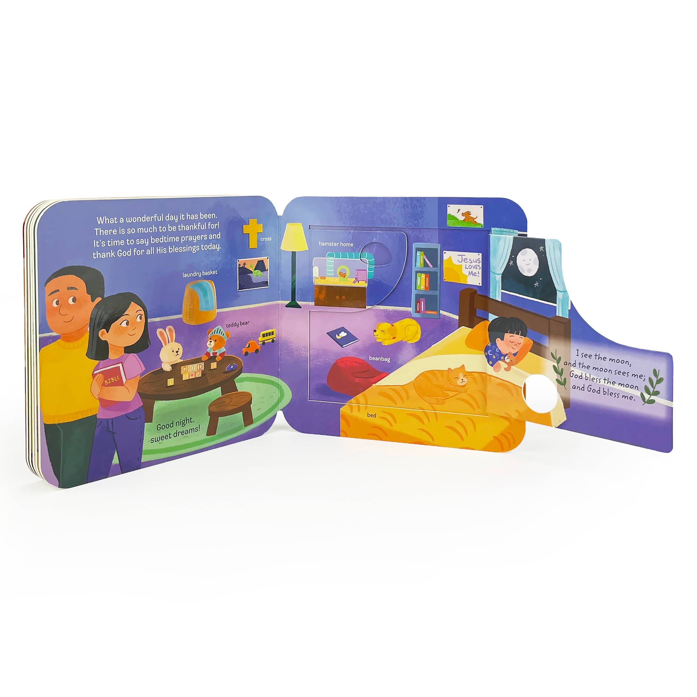 God Lift a Flap Board Book shows a family’s home. One page features the family in the living room; on the next, a child gazes at the moon from bed, comforted by God’s love.