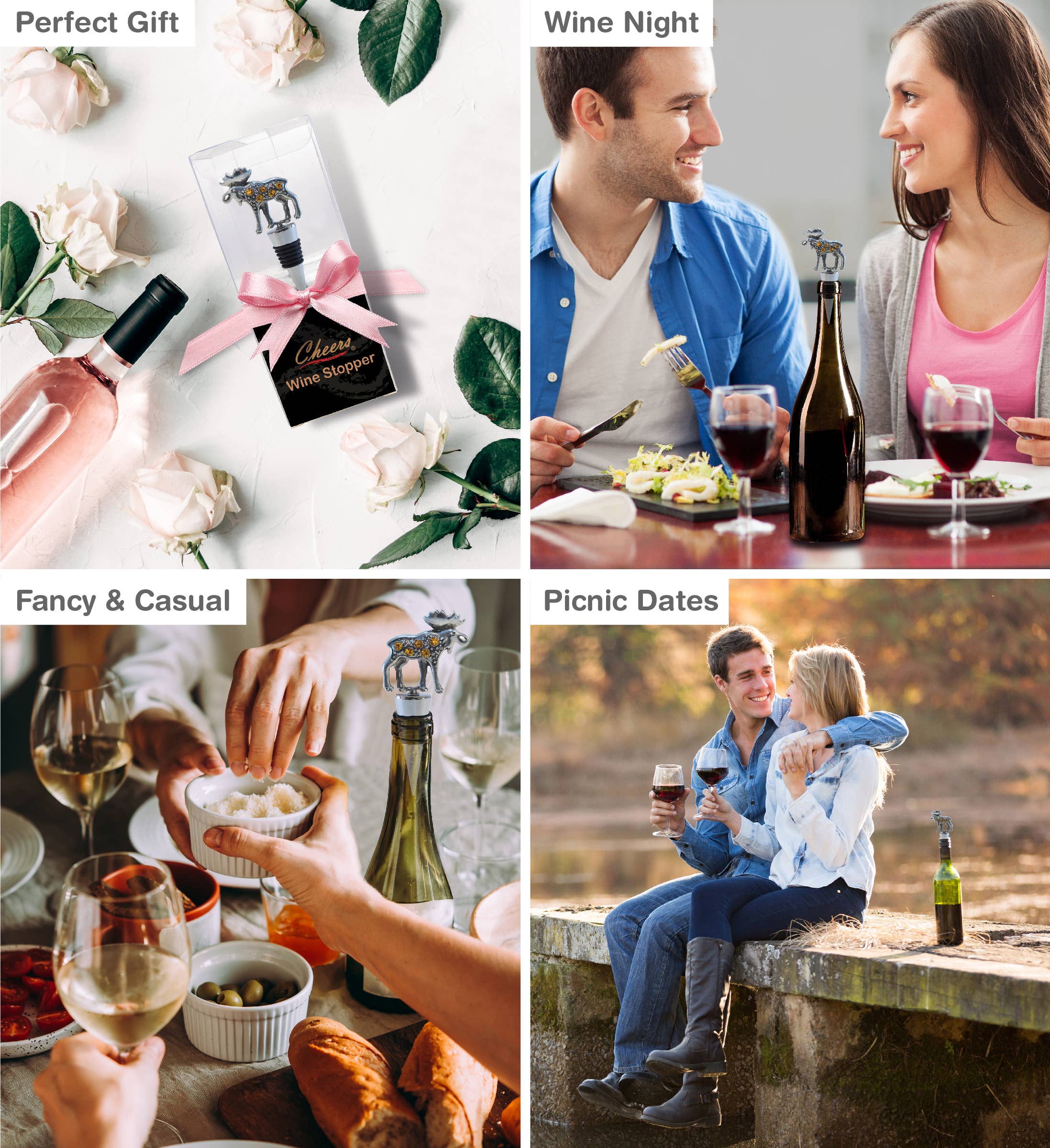 Four images show the Wine Stopper: Metal Moose Wine Stopper as a charming gift, at dinner, during a casual meal, and at an outdoor picnic—demonstrating versatile ways to enjoy wine with this stylish metal stopper.