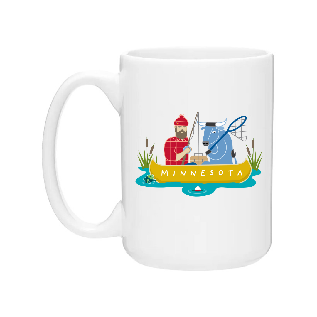 Mug titled "Mugs: Fishing Paul Bunyan + Babe - Minnesota" showcasing a cartoon of Fishing Paul Bunyan in red plaid with his blue ox by a Minnesota pond, designed by Cindy Lindgren.
