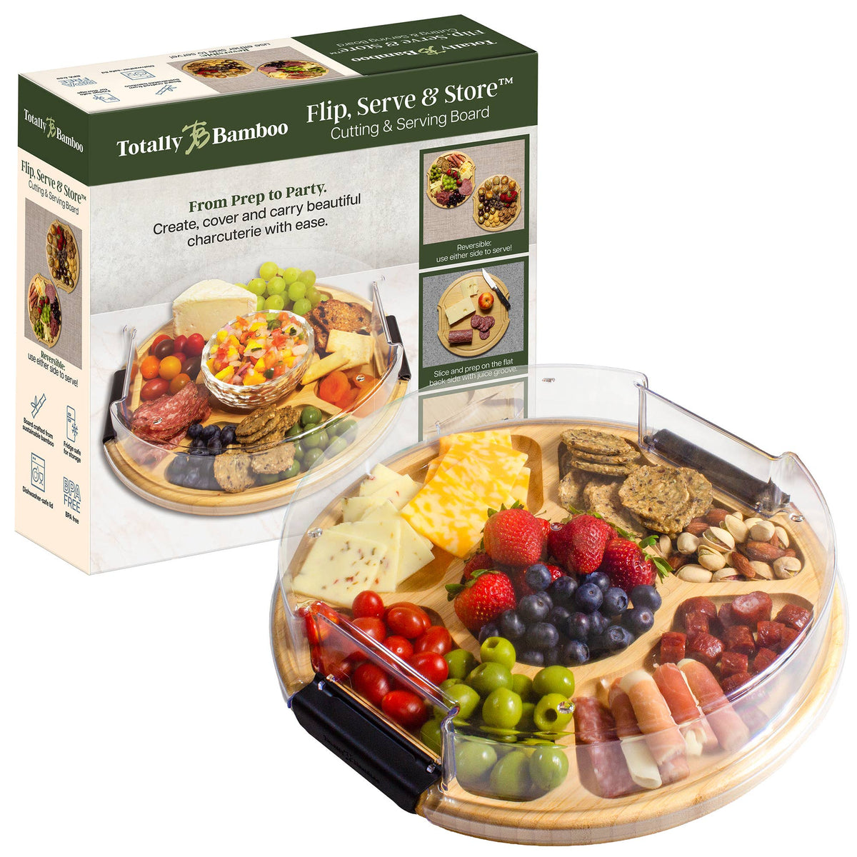 A round bamboo charcuterie board with a removable clear plastic cover, holding an assortment of cheese, fruit, nuts, and meats, shown in and out of its packaging.