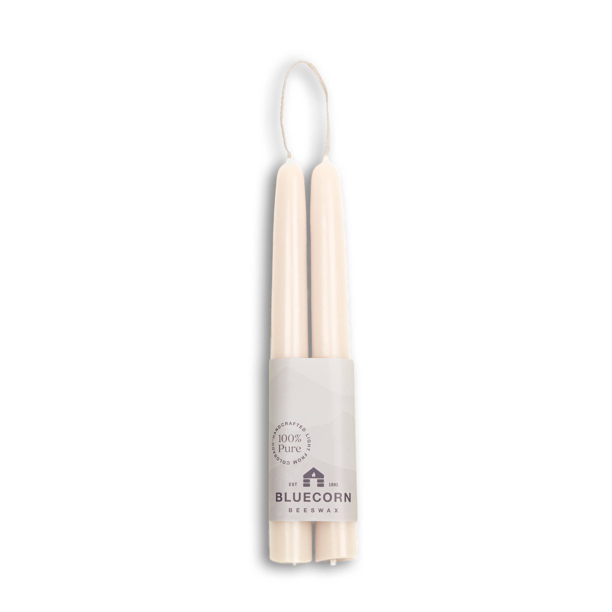 The bundle contains two 10 white Beeswax Taper Candles from Bluecorn, labeled as 100% Pure. These eco-friendly and handmade candles are designed to be dripless for a clean burn.