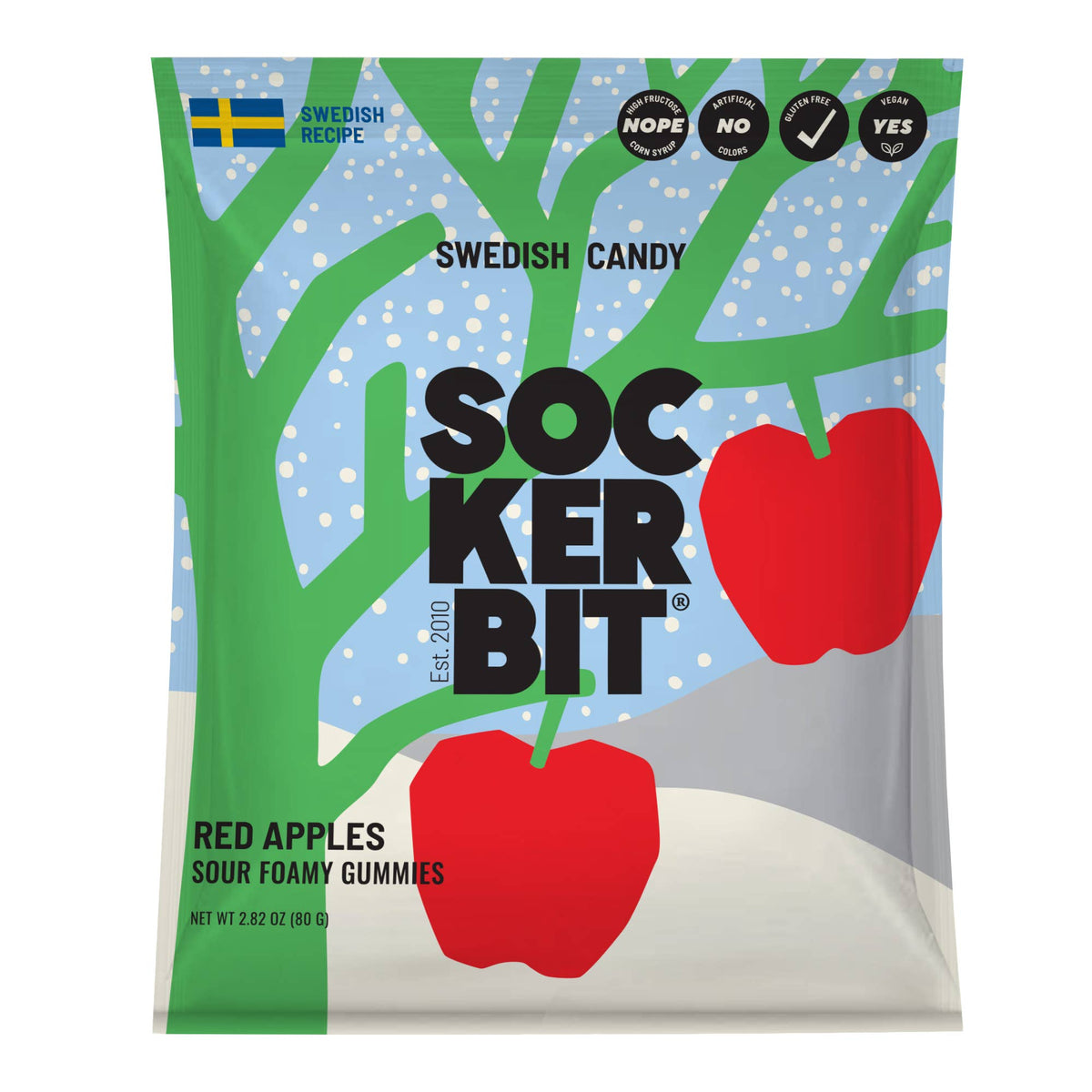 A bag of red apple-shaped vegan sour gummy candy featuring a tree illustration and a Swedish flag.