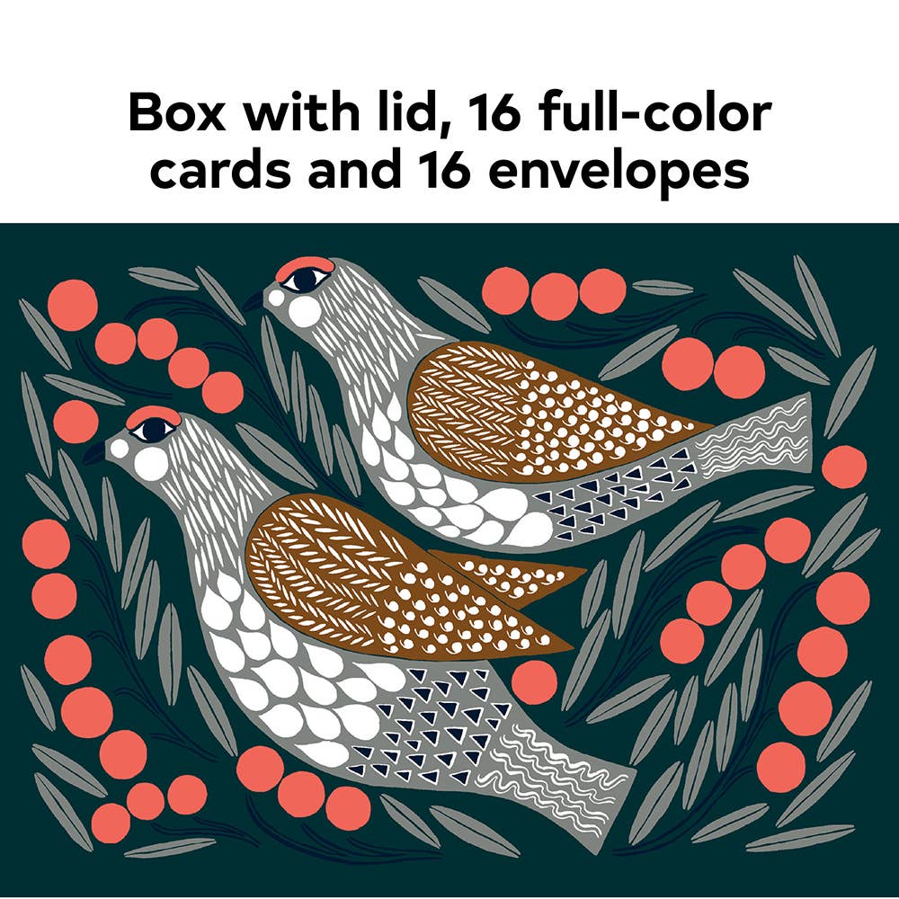 Illustration of two birds amid red berries and leaves, with text: Cards: Marimekko Kukka Notecards 5x7—boxed set includes 16 full-color cards and envelopes.