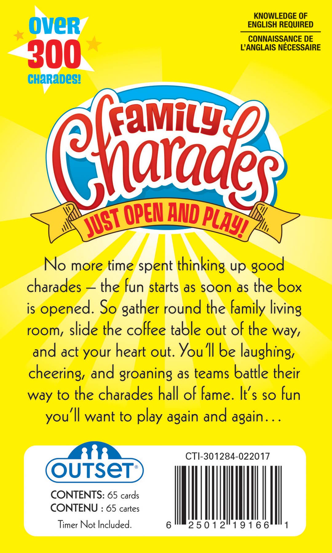 The travel-sized Playing Cards: Family Charades Card Game features vibrant text and offers more than 300 charades for endless fun. Simply open the box and play! Ideal for any gathering, it comes with a game description and 65 colorful cards. Please note, a timer is not included.