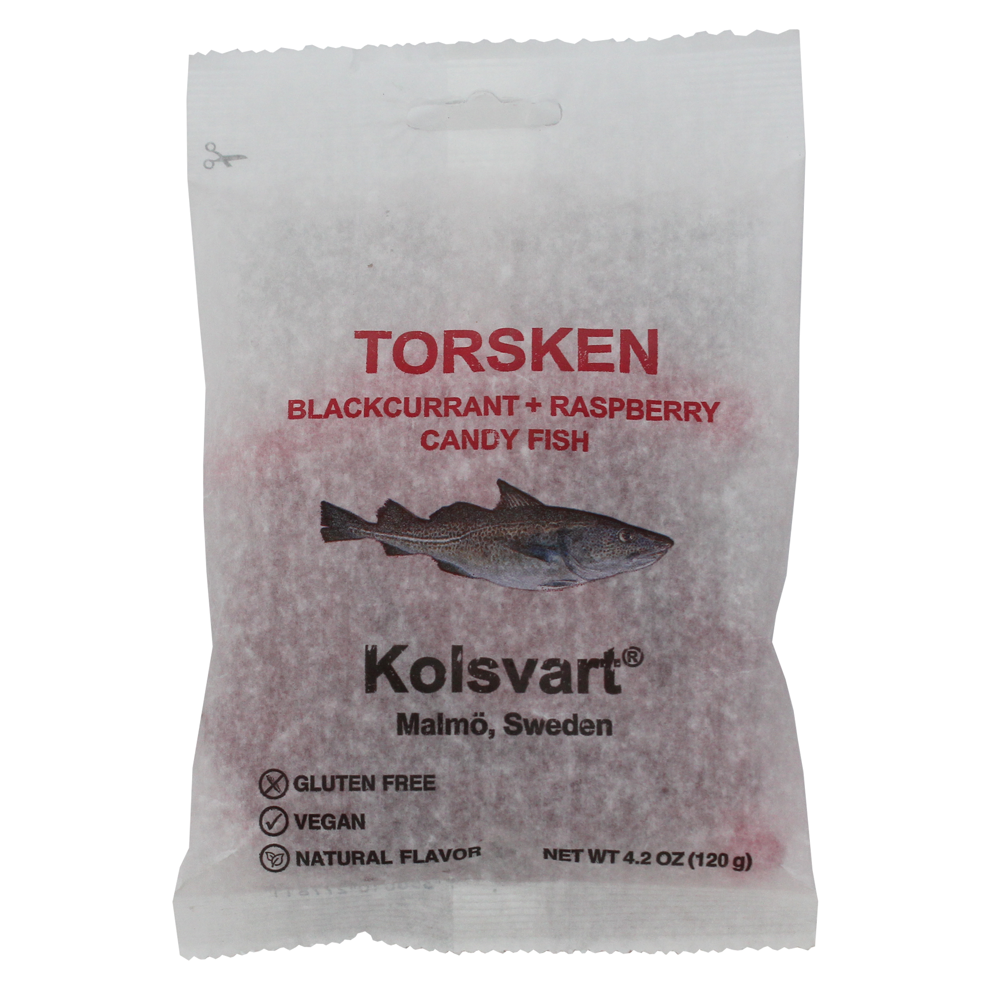 Enjoy Kolsvarts Blackcurrant & Raspberry Fish candy from Sweden, a 120g (4.2 oz) bag of vegan, gluten-free delights made with natural flavors, perfect for satisfying your cravings.