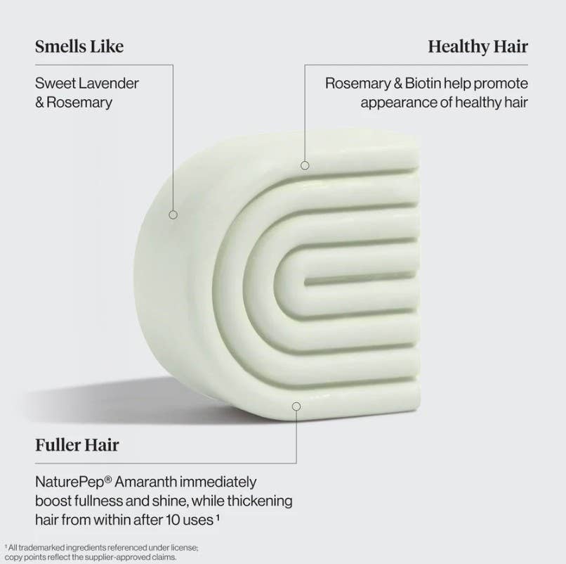 The Kitsh Hair: Rosemary & Biotin Volumizing Shampoo & Conditioner Bar Combo (2 x 2.7oz) offers a white curved bar with lavender and rosemary scent, NaturePep Amaranth for fuller, shinier hair after 10 uses—sulfate free care.