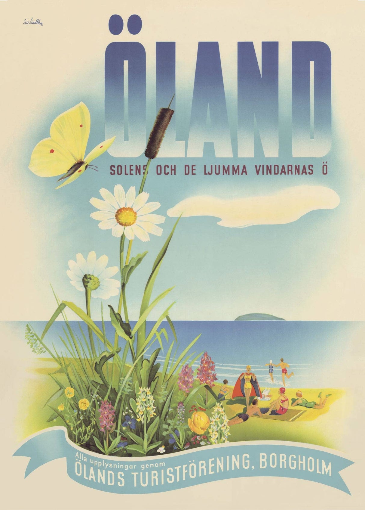This Öland travel poster by Lindblom, titled Scandinavian Travel Poster Öland - Come to Sweden, depicts a butterfly on vibrant flowers and beachgoers enjoying sunny weather, celebrating it as the island of sun and gentle winds. Measures 50 x 70 cm.