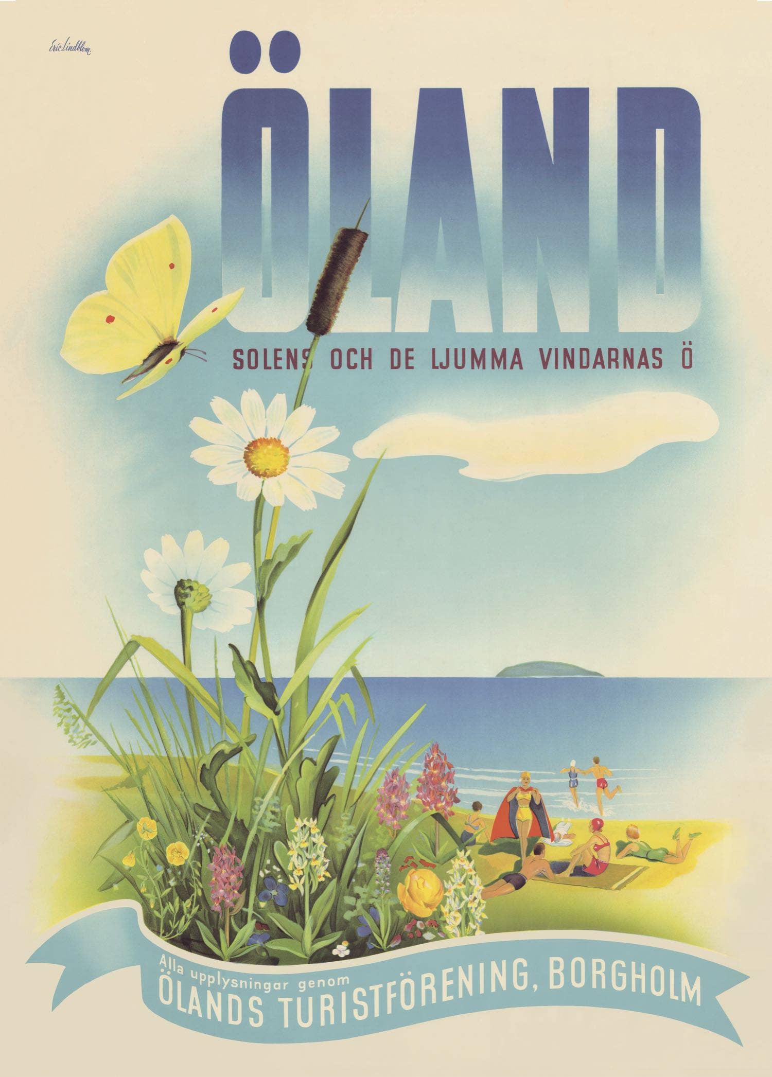 This Öland travel poster by Lindblom, titled Scandinavian Travel Poster Öland - Come to Sweden, depicts a butterfly on vibrant flowers and beachgoers enjoying sunny weather, celebrating it as the island of sun and gentle winds. Measures 50 x 70 cm.